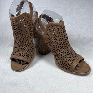 Boho Earthy Brown 7 Cutout Slingback Chunky Stacked Heel Peep Toe Booties